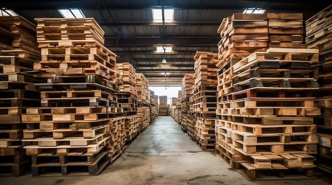 Tarimas de madera acomodadas ordenadamente en fila