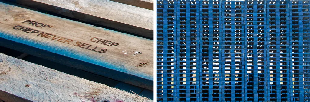 Tarima azul de CHEP con el sello Property of CHEP, never sell