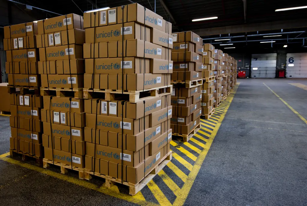Cajas de cartón acomodadas en columna exacta sobre tarimas de madera, sin sobresalir