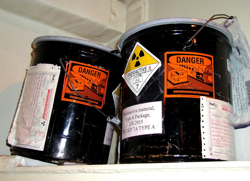 Contenedores con etiquetas de rombo de material radiactivo y número ONU